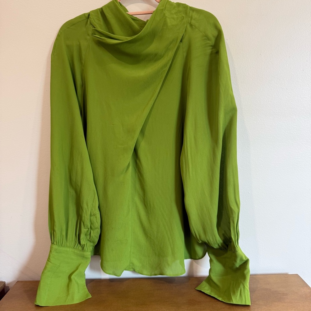 Zara | Green Flowy Satin Drape Long Sleeve Blouse - Picture 9 of 16
